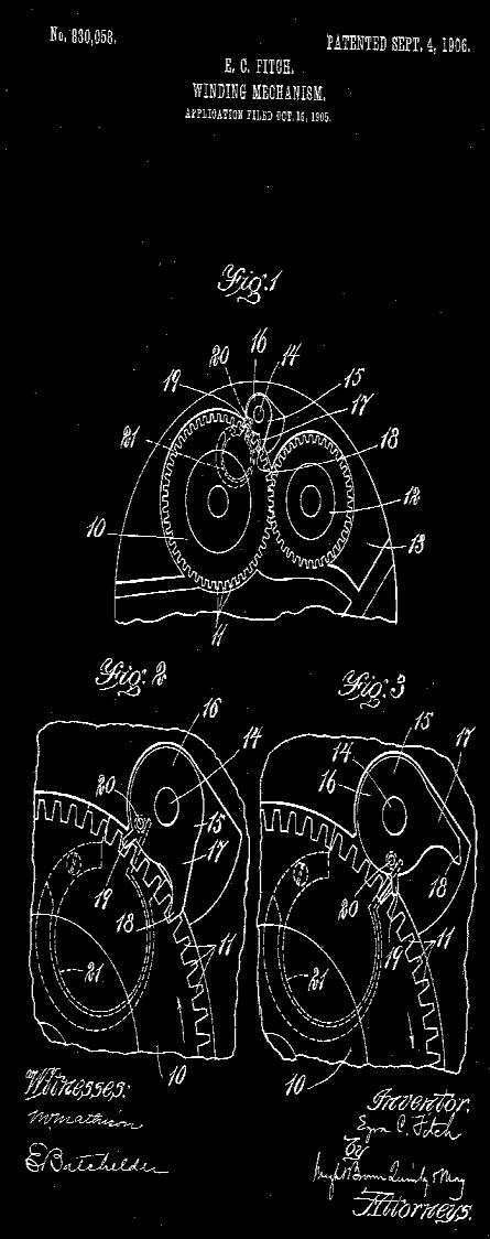 Winding Click Patent 830058 Sep 4 th 1906 Fitch patented a winding click that concealed the click spring and had a simple two tooth design above the top plate.
