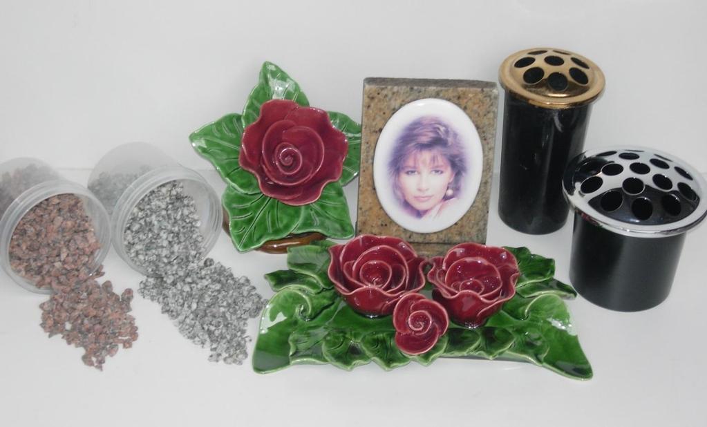 ACCESSORIES Range of Granite & Marble Chippings Ceramic Rose on an Incline Ceramic Crescent of Two Roses with Bud (Double Scroll).