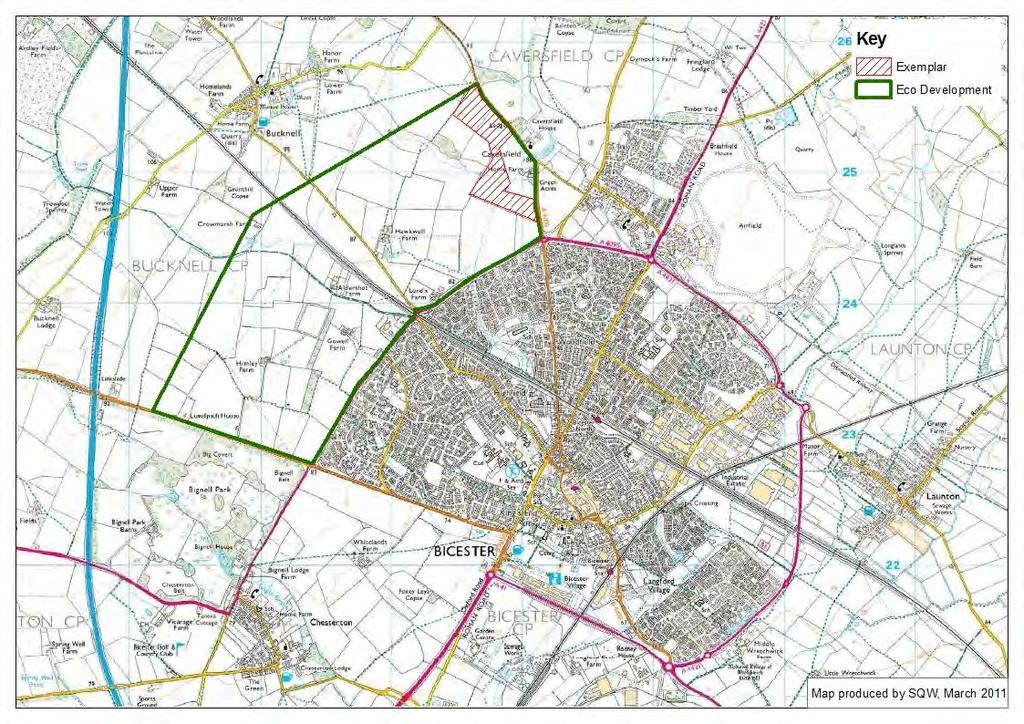 Figure 1: Map showing the proposed development site in relation to Bicester town currently Source: Produced by