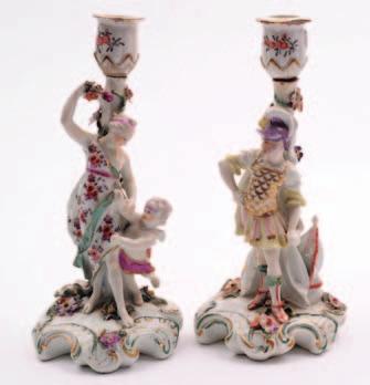 609. A pair of Derby porcelain figural candlestick one modelled as Mars with shield and banner at foot and the companion as Psyche and Cupid each before a florally