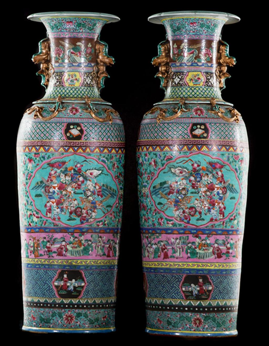 SECTION Pair Chinese Export monumental Famille Rose vases, circa 1880, 48 in. H.