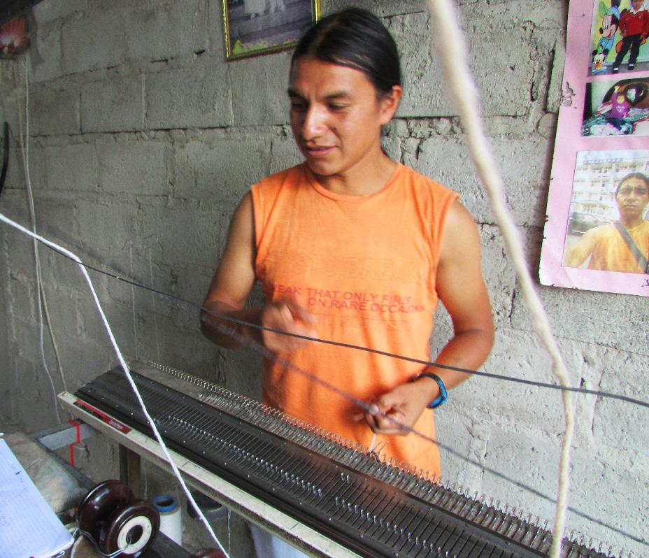Rene uses a hand-powered knitting machine to make the body of the caps, as well as the animal s ears and earflaps. He also sews the linings as the final touch.
