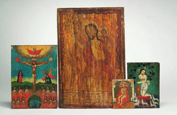 patched at the back with three wood slats), 22 x 14 1/2 $800-1,200 241. Two Mexican Painted Tin Retablos, both depicting stylized portraits of Christ, largest 6 3/4 x 10 242.