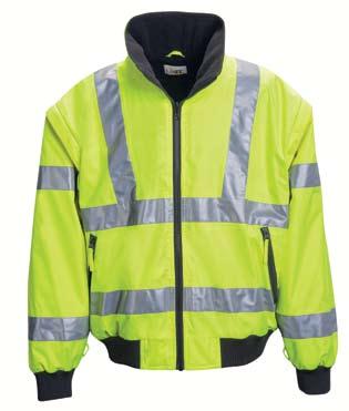 100% polyester Home wash or Light Soil zipper front closure 360 o visibility with front and back 2" silver reflective trim removable sleeves two slash lower front pockets rib knit sleeve