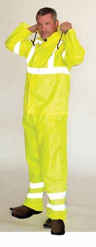 HI-VIS RAIN GEAR 48 LONG FOR FULL PROTECTION 2-Piece Value Rainsuit Set /ISEA 107 Lightweight polyester with waterproof PU coating and taped seams Zipper closure with storm flap Elastic-waist pant