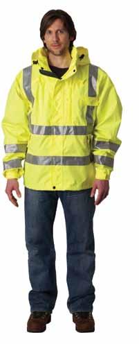 adjustable hood accommodates hard hat Water-tight D ring harness access 4 pockets including clear ID holder 2 mic tabs