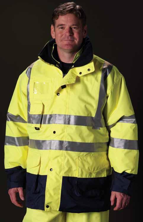 HI-VIS JACKETS & COATS 7-in-1 All-Conditions Coat with Inner Jacket and Vest Combination /ISEA 107 Durable waterproof polyester with taped seams Lined with polyester mesh and smooth nylon taffeta