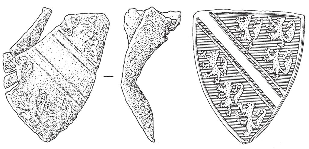 THE MEDIEVAL HAMLETS OF PYKESASH AND ASH BOULOGNE Fig. 16 Copper-alloy shield with heraldic design; scale 1:1; illustration N. Griffiths eastern Somerset) were found.
