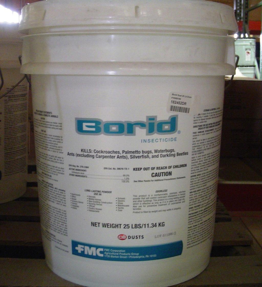 EN0001 = Part Number Boric Acid = Common Name Borid Powder = MSDS Name Used for: Used for controlling ants, roaches, water bugs, and silverfish. Read label before use.