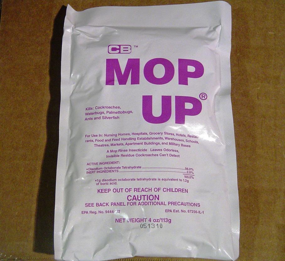 EN0002 = Part Number Mop Up = Description Used for: Used for controlling ants, roaches, and silverfish. Read label before use. For cafeteria usage only. D irections for use: 1.