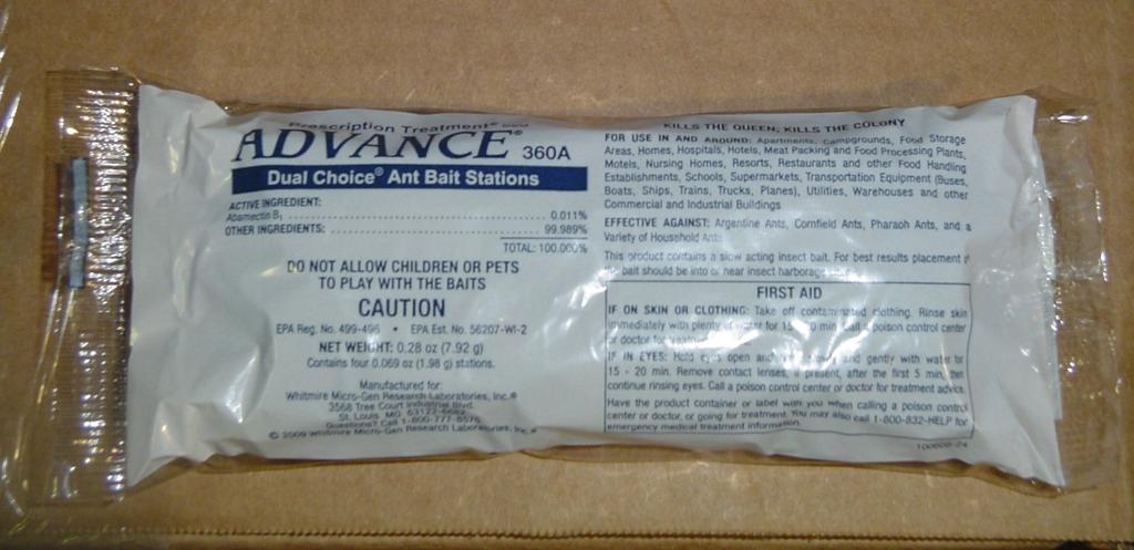 EN0011 = Part Number Ant Bait Stations (Order 1 pack to get 4 stations) = Common Name A dvance 360A Dual Choice Ant Bait Stations = MSDS Name U sed for: Used for controlling household ant problems.