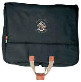 front zippered compartment. Black 600 denier polyester with brown leatherette trim and brass hardware.