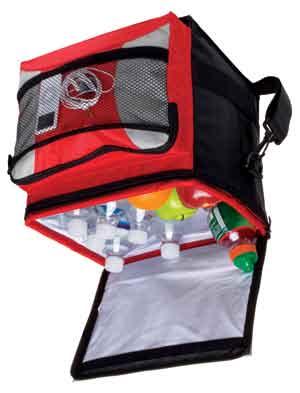 Coolers 18-Pack Cooler This 18 can cooler features an easy-opening dualzippered top, an outside zippered pocket and an adjustable shoulder strap.