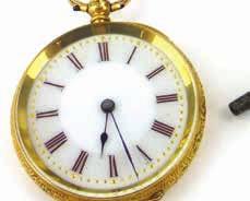 8 cm, with box and papers 250-300 1034 A late 19th/early 20th century 18ct yellow gold cased fob watch, the white enamel dial