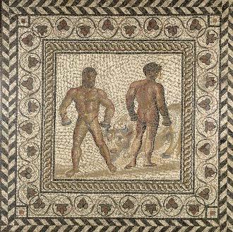 Roman Mosaics across the Empire March 30 January 1, 2016 Mosaic Floor with a Boxing Scene, Gallo-Roman, about 175. Stone and glass tesserae. The J. Paul Getty Museum.