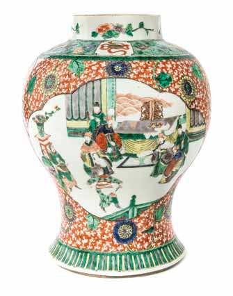 730 729 A Polychrome Enamel Porcelain Jar with scrolling vine decoration and having igural reserves, bearing a six-character Kangxi mark within a double ring to the underside. Height 13 1/8 inches.