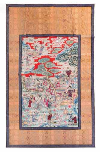 Property from the Estate of Joen Bird, Glenview, Illinois $1,000-2,000 925* A Kesi Silk Panel depicting scholars and attendants of various pursuits, in a rockery with a scrolling lotus border.