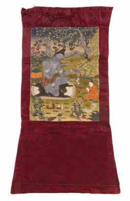 930 A Silk Panel depicting a Buddhist igure seated under tree with two other igures in an outdoor setting with monkey and pheasants.
