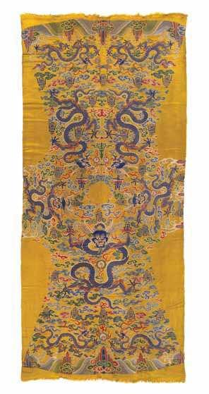 $3,000-4,000 934 An Embroidered Silk Panel of rectangular form, depicting nine sinuous iveclawed dragons each chasing the laming pearl of