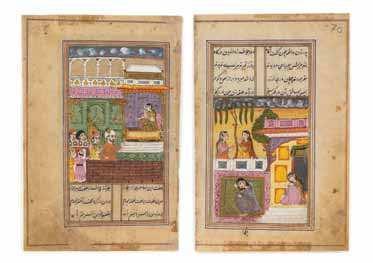 987 989 987 Two Indian Paintings the irst depicting a court scene above calligraphy, the second depicting ladies in a garden below calligraphy, both unframed.