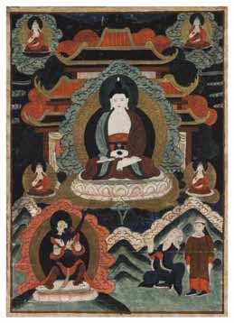 988 No Lot 989 A Tibetan Thangka depicting a central Buddha seated in dhyanasana on a lotus plinth with his hands in dhyanamudra, wearing a dhoti and a shawl