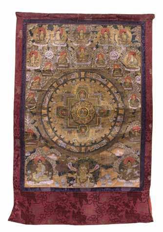 997 A Tibetan Thangka the central igure depicted seated on a lotus plinth embracing his consort, surrounded by multiple
