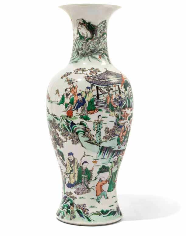 326 A Famille Verte Porcelain Vase of baluster form, the body decorated with a continuous scene of eight immortals and other igures outside a pavilion,