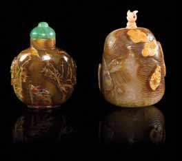 Church, Chicago, Illinois $1,000-2,000 498 Two Carved Agate Snuf Bottles each very well hollowed, the irst of compressed lask form, with sages and an attendant with a qin carved from the opaque