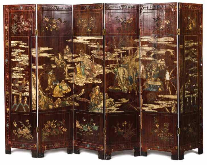 567* A Coromandel Six-Panel Folding Screen KANGXI PERIOD (1662-1723) decorated in lacquer with mother-of-pearl inlay and depicting the eighteen luohan at various pursuits, each shown bearing his
