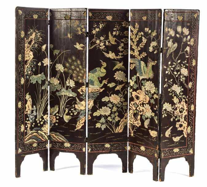 568 568* A Carved and Polychromed Five-Panel Floor Screen worked to show a village scene to one side, the reverse worked to show various birds amongst sprigs. Height 55 x width 14 inches (each panel).
