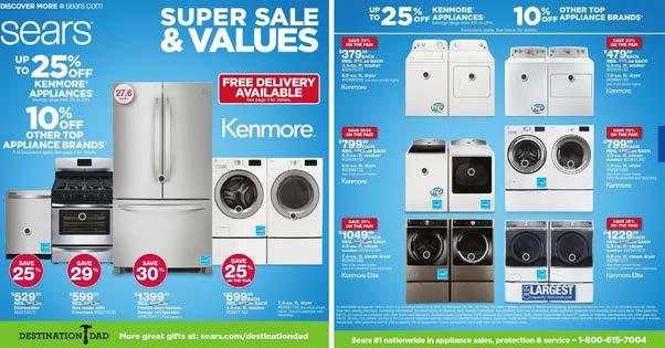 PROMO HIGHLIGHTS SUPER SALE & VALUES Sears is offering discounts on kitchen appliances such as refrigerators, dishwashers and microwaves.