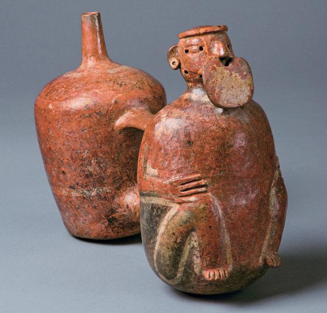 Seated Figure Wearing a Nose Ornament Northern Coast, Vicús Early Intermediate Period 100 BCE 600 CE 20.8 x 11.5 x 25.9 cm Collection of Mississippi Museum of Art Gift of Sam Olden 1992.