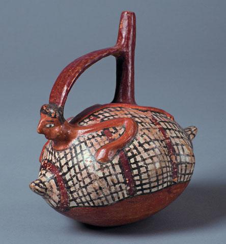 Fisherman on a Totora Reed Boat Southern Coast, Nazca Early Intermediate Period 1 700 CE 18.8 x 14.2 x 19.5 cm Collection of Sam Olden Courtesy of Mississippi Museum of Art L0021.