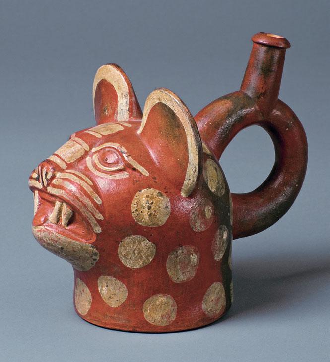 Jaguar Head Northern Coast Moche I 50 100 CE 15.7 x 11.2 x 15.3 cm Collection of Mississippi Museum of Art Gift of Sam Olden 1991.416 This stirrup-spouted ceramic vessel depicts a jaguar head.