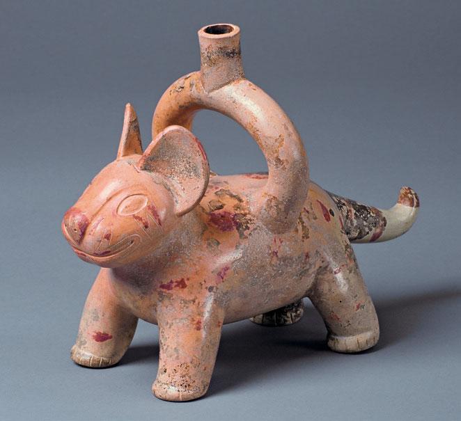 Standing Dog Northern Coast Moche III 200 450 CE 18.1 x 15.5 x 22.3 cm Collection of Mississippi Museum of Art Gift of Sam Olden 1991.421 This stirrup-spouted ceramic vessel depicts a standing dog.