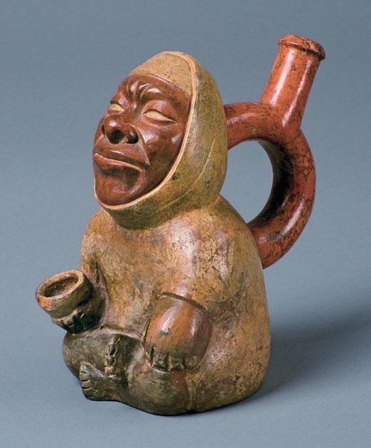 Blind Beggar Northern Coast Moche I 50 100 CE 15.5 x 9.4 x 12.7 cm Collection of Sam Olden Courtesy of Mississippi Museum of Art L0115.SO This stirrup-spouted vessel depicts a blind, begging man.