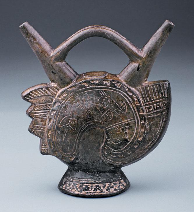 Double-Spouted Vessel with Incised Decoration Northern Coast, Lambayeque Late Intermediate Period 900 1100 CE 19.7 x 18.8 x 7.8 cm Collection of Mississippi Museum of Art Gift of Sam Olden 1989.