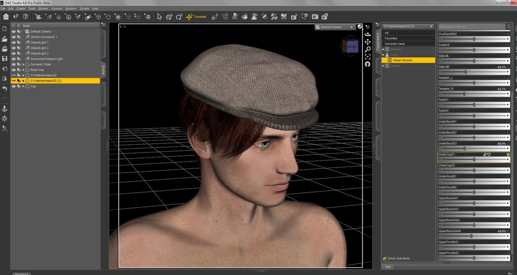 6. Now use the morphs in the first Hat and Hair Helper to morph the hair inward and hide it mostly under the hat.
