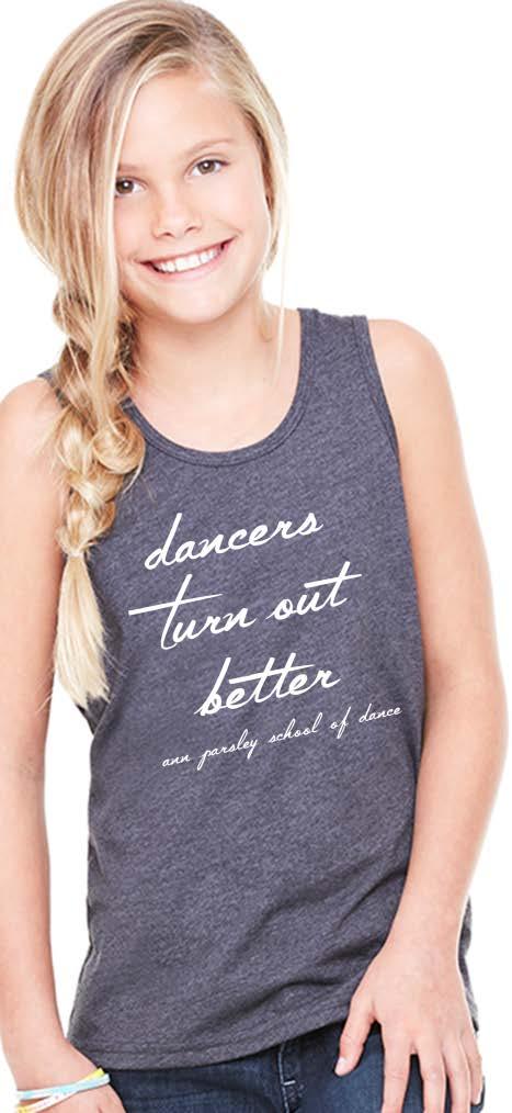 DANCERS TURN OUT BETTER CHILD TANK HEATHER GRAY TANK WITH WHITE SCREEN PRINT 52% combed and ring-spun cotton 48%