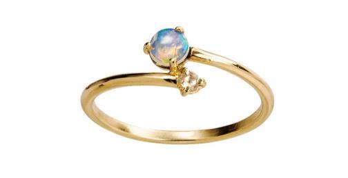 18K Rose Gold Ring With Pink Opal Spheres, $1,540, Irene Neuwirth available at Barneys Offset Opal Arc Ring in 14k Yellow or Rose Gold, $378, Wwake Opal and Diamond Crossover Ring in 14 Yellow or