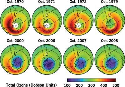 The more damage there is to the ozone layer, the more UVB rays that reach our bodies. Images of the Antarctic ozone hole using colors to represent varying ozone layer thickness patterns.