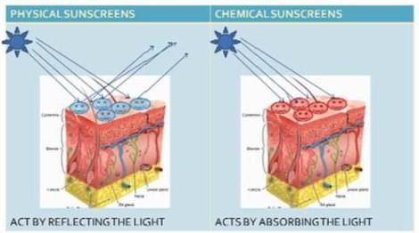Sunscreens come in two forms: i) physical sunscreens (titanium dioxide or zinc oxide) which form a barrier (or film) on