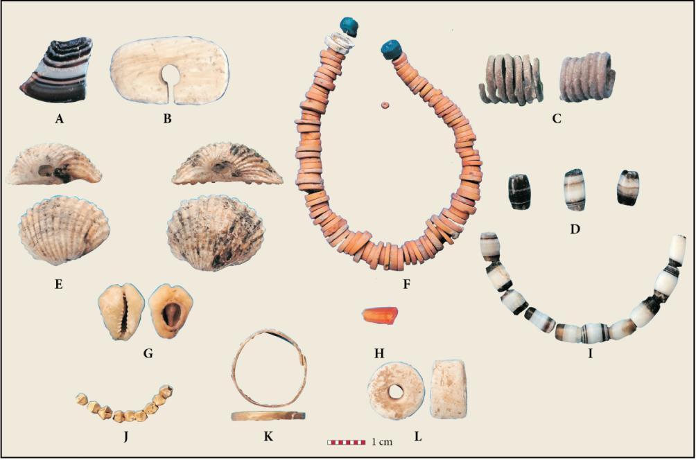 HIGHAM ET AL.: THE EXCAVATION OF NON BAN JAK, NORTHEAST THAILAND - A REPORT ON THE FIRST THREE SEASONS Figure. Ornaments from Non Ban Jak burials. A. agate endant, burial EP; B.
