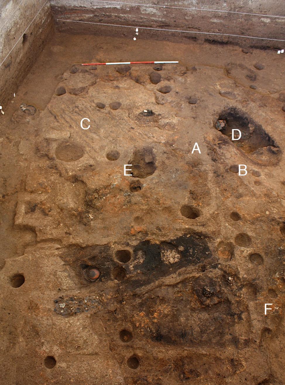 HIGHAM ET AL.: THE EXCAVATION OF NON BAN JAK, NORTHEAST THAILAND - A REPORT ON THE FIRST THREE SEASONS Figure 6: The surface of layer 5., western half of the square, showing two suerimosed buildings.