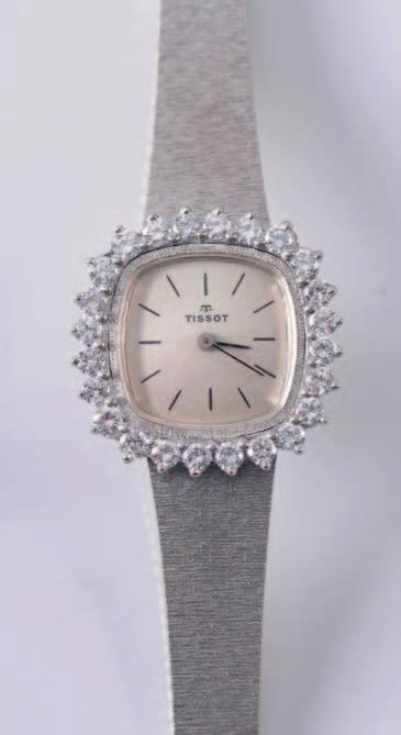 231 231. Tissot. A lady s diamond mounted cocktail wristwatch, the square dial with baton markers within a border of circular, brilliantcut diamonds estimated to weigh a total of 1.