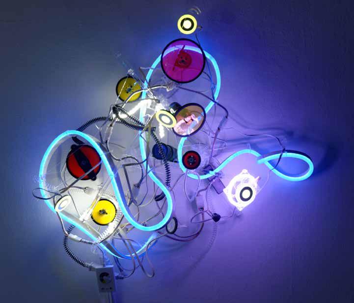 Sonoluminescene, gear motors, colored acrylic precision disks, flex neon, LED modules, Plexiglas, 32 x 32 x 14 inches,
