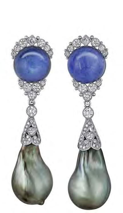 Top Right: Platinum earrings featuring Tahitian baroque cultured Pearls with rough Tanzanites and Diamonds by Dierdre Featherstone of