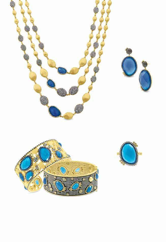 B A E C D A. Baroque Blues triple drop opulence necklace, $1,800 B. Baroque Blues opulence drop earrings, $350 C.