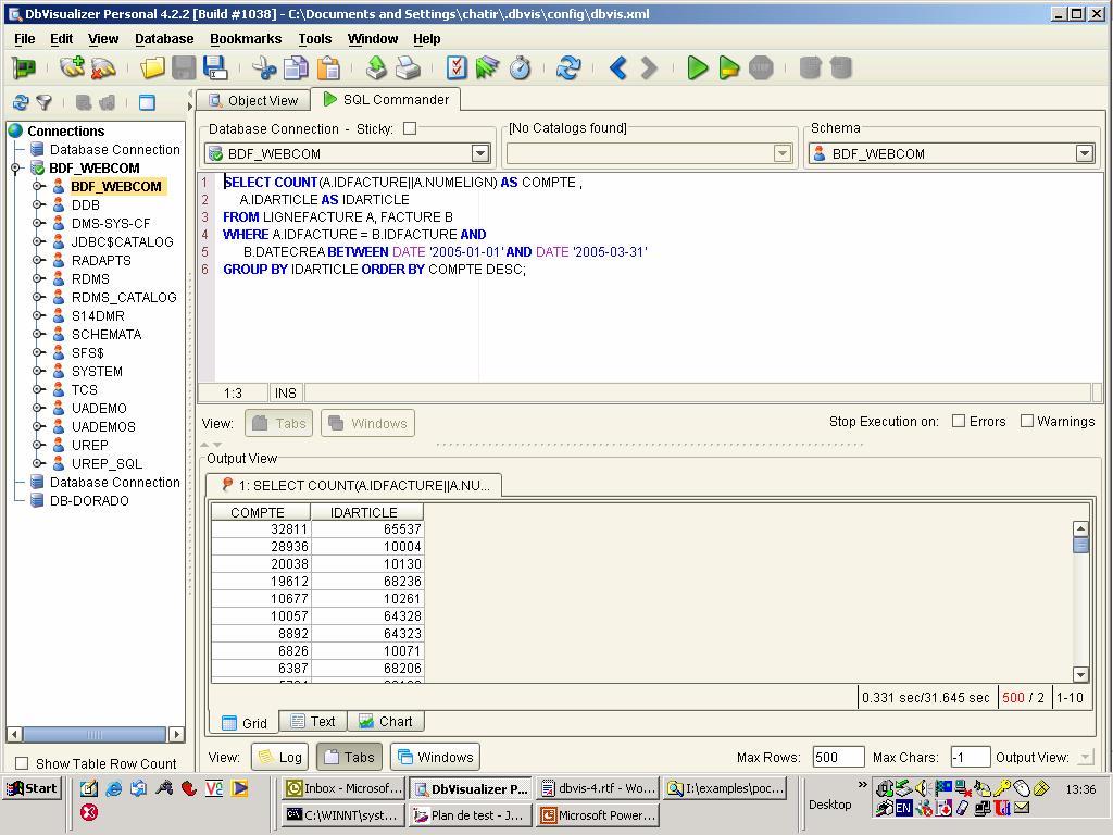 DbVisualizer launch of SQL to RDMS and results SQL statement Execution