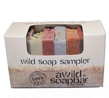 Eight popular 1 oz. wild soap bars (bluebonnet, desert sage, prickly pear, horsemint, mustang grape, sassafras, cedarwood, yucca root) wrapped in corrugated and tied up with raffia.